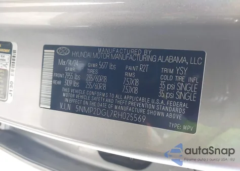 2024 Hyundai Santa Fe Sel z USA, uszkodzony, nr VIN 5NMP2DGL7RH025569